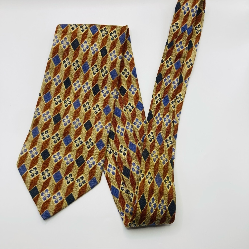 Ermenegildo Zegna gold orange and blue vintage geometric print silk tie.
